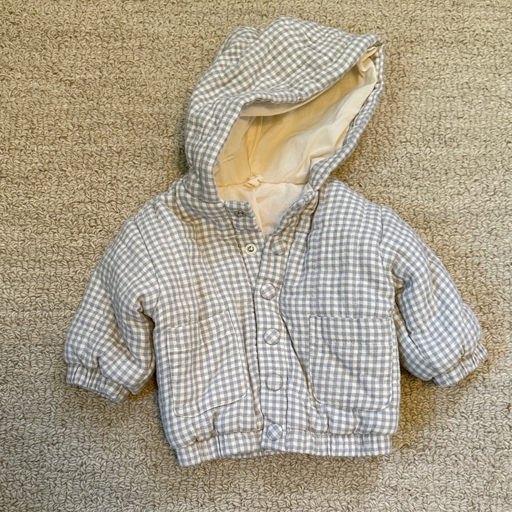 NWOT Quincy Mae Gray & Cream Gingham Hooded Baby Jacket